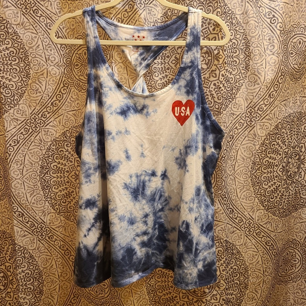 Seven Stars Tank Top Womens 1X Blue Tie Dye Excellent USA Heart Twisted Back